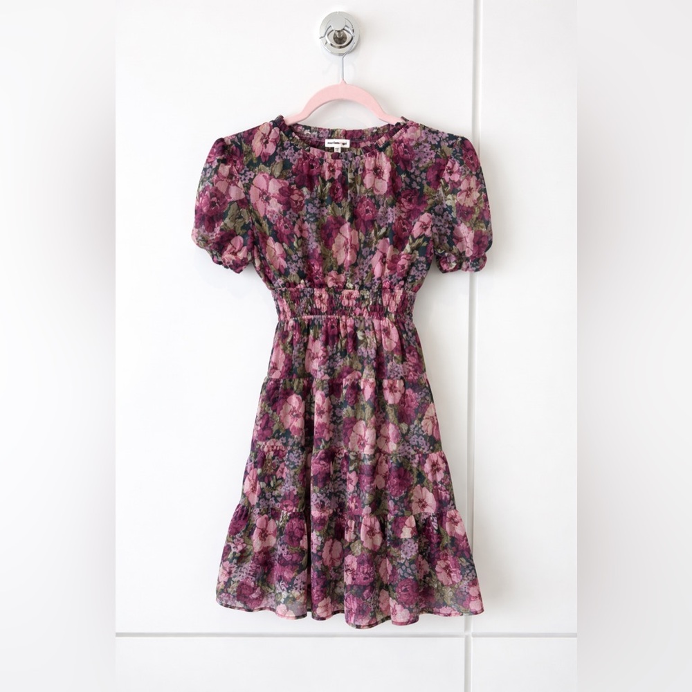 Monteau Girl Floral Dress Size 10 Purple Puff Sleeve Smocked Waist